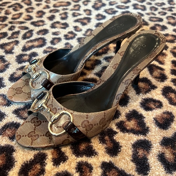 Gucci Brown Horsebit Monogram Mules Kitten Heels - Picture 1 of 5